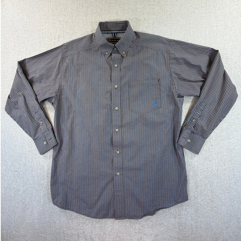 Ariat Pro Series Men's Medium Brown Blue Plaid Long Sleeve Western Cowboy Shirt